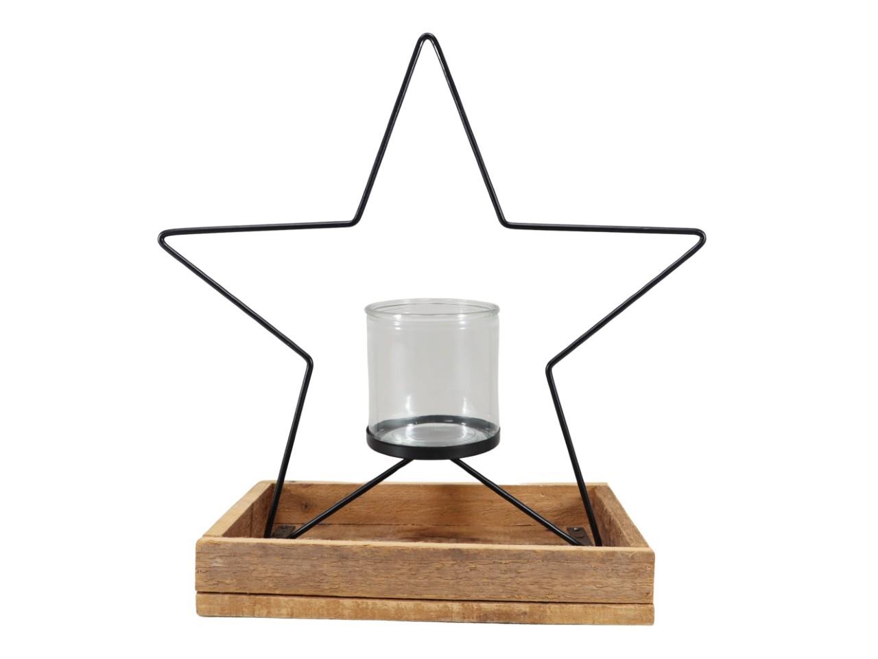 Stern m. Zylinderglas D10cm Metall auf Holztablett D40cm