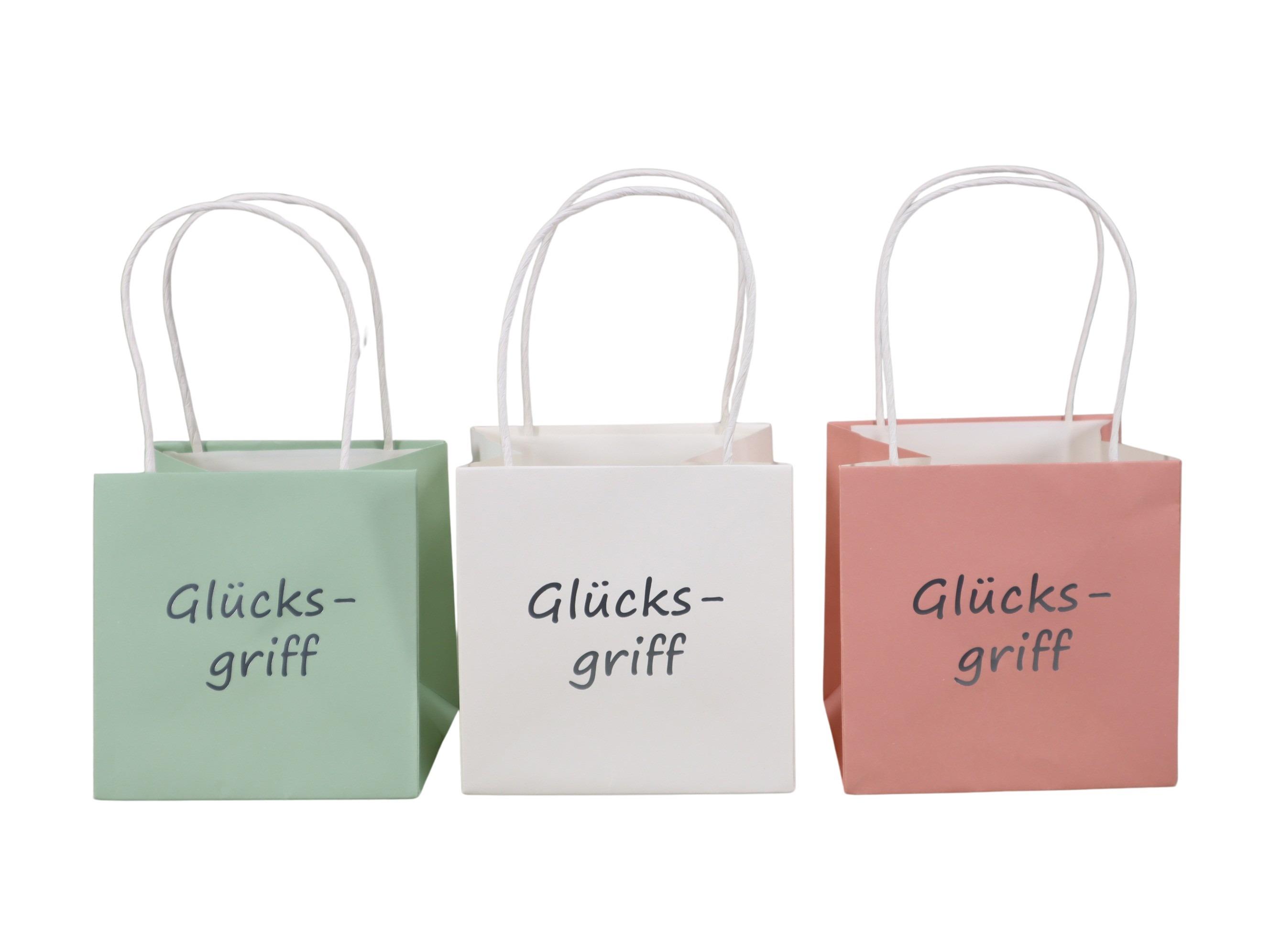 Tasche "Glücksgriff" Papier wasserab. mint-rosa-weiß D12cm