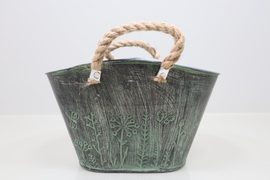 Tasche oval m. Seilhenkel antik-grün Blumenmuster Zink
