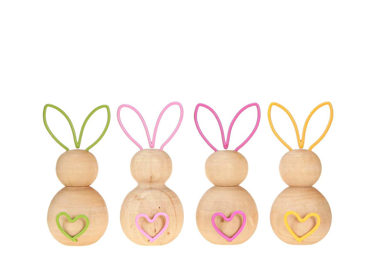 Aufsteller Hase m. Herz Holz/Metall natur-farbmix H15cm