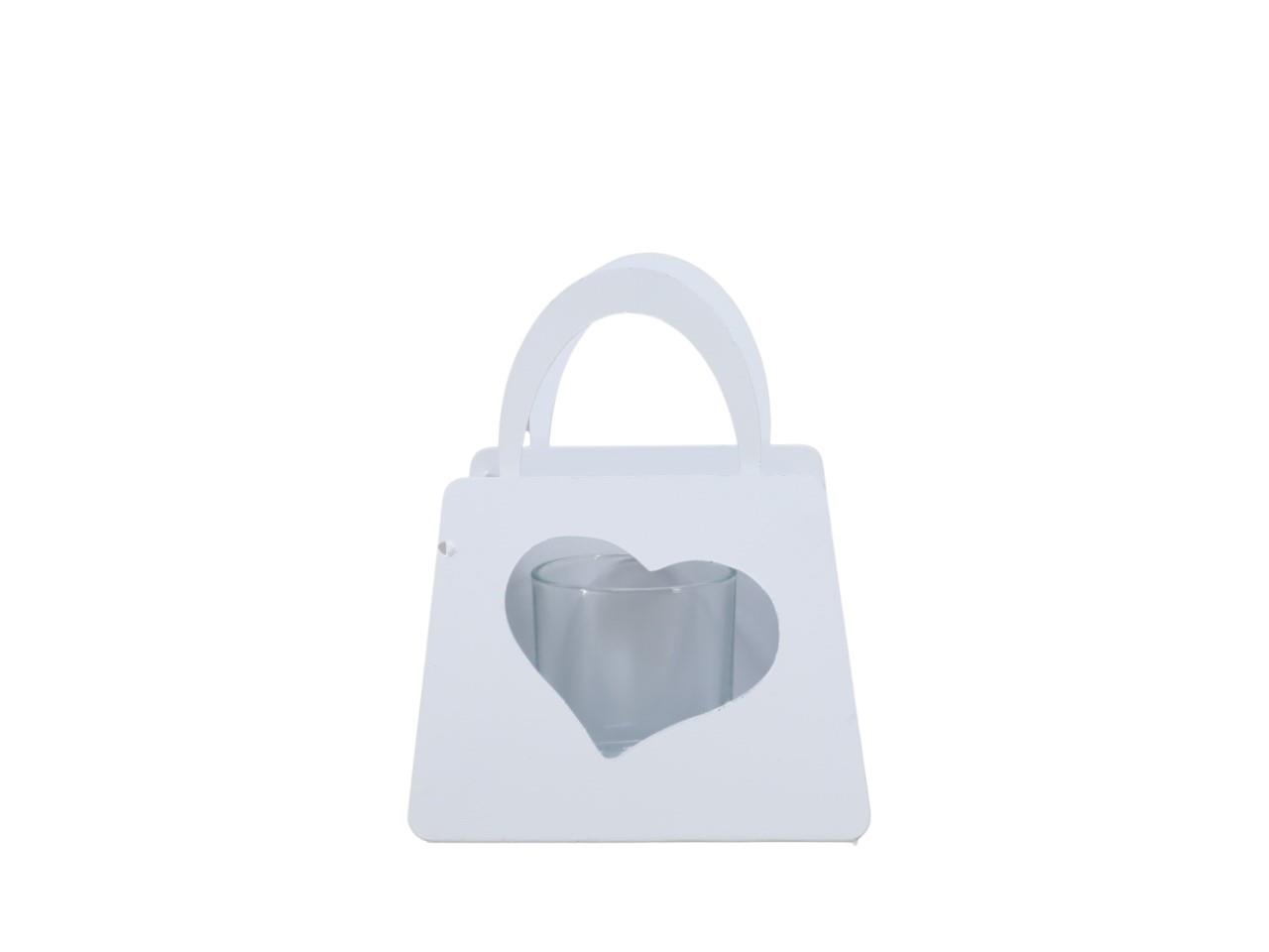 Tasche m. Herz und Glaswindlicht Metall weiß L14,5xH18,5cm