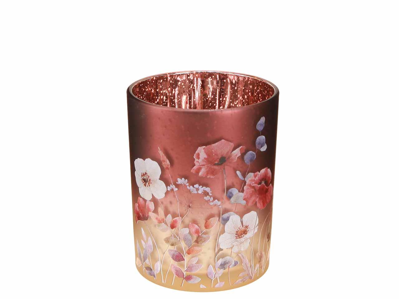 Windlicht m. Blumen Glas rot-weiß D10cm H12,5cm