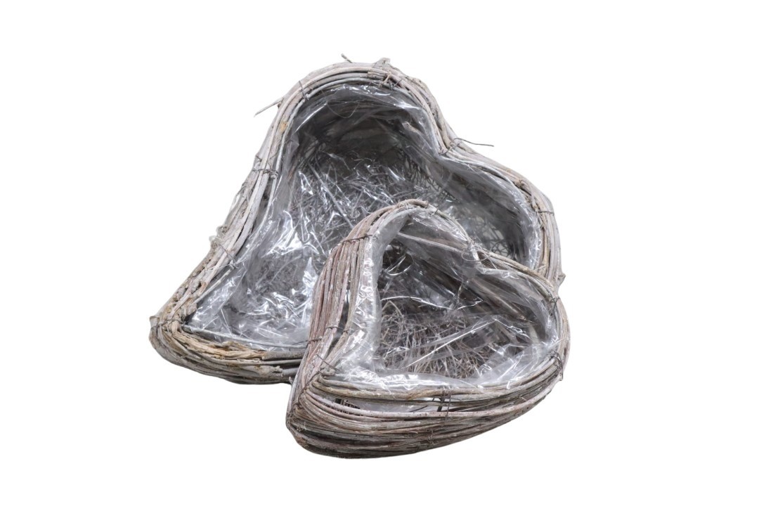 Pflanzherz Set/2 Rattan gekalkt L33xH12cm+L21xH10cm