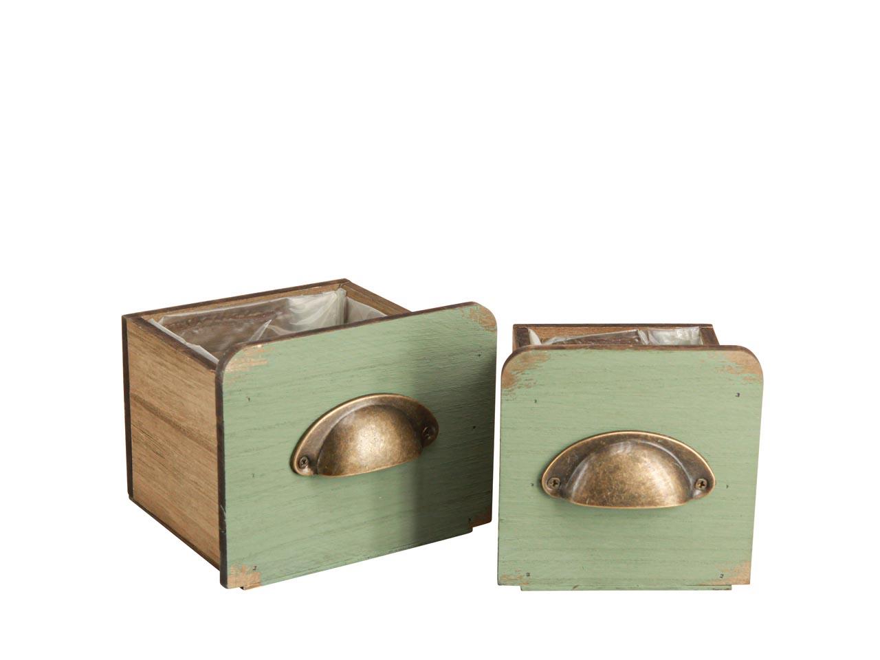 Schubladen m. Griff Set/2 Holz antikgrün D13+10cm
