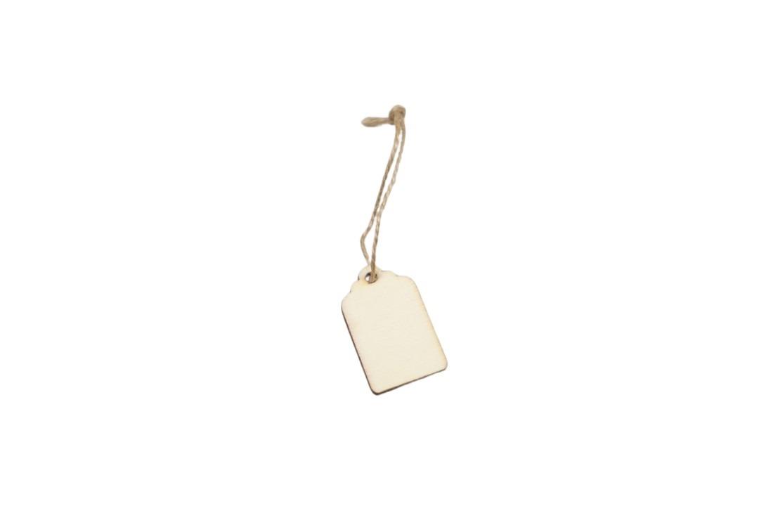 Etiketten am Jutestrick hängend Holz natur 4x2,5cm
