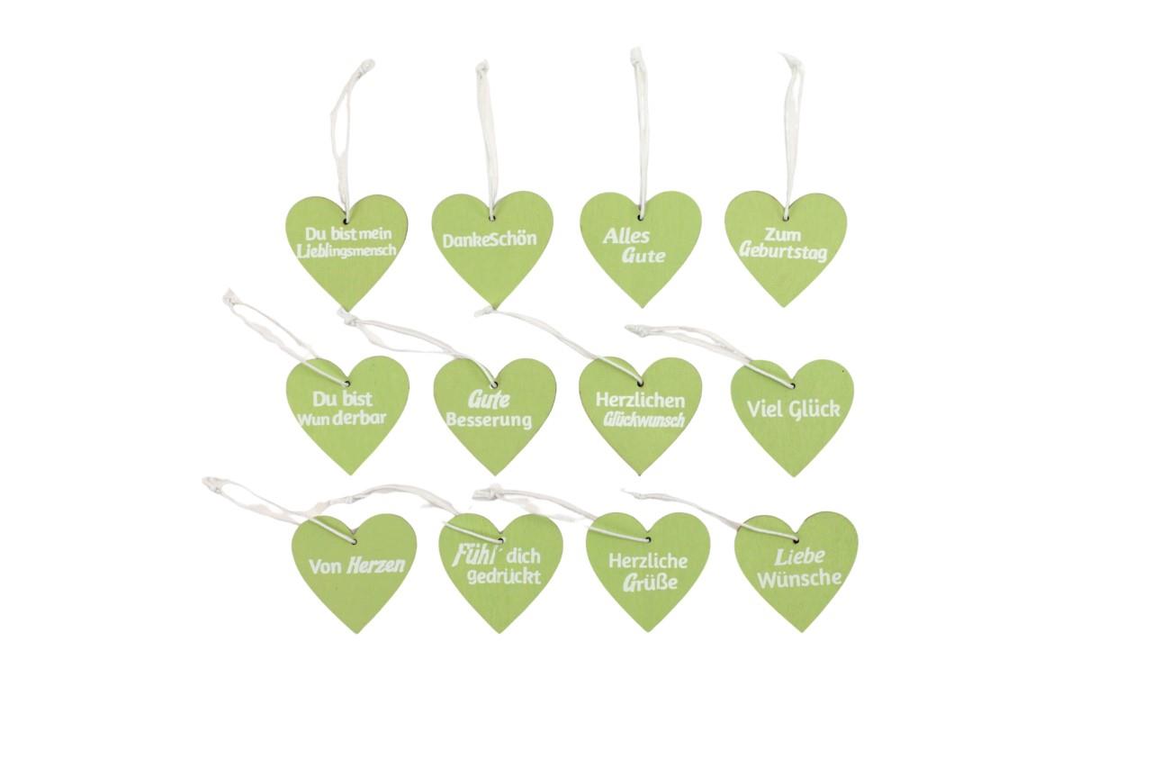 Hänger Set/12 Herz Wünsche Holz grün 5cm Hänger Set/12 Herz Wünsche Holz grün 5cm