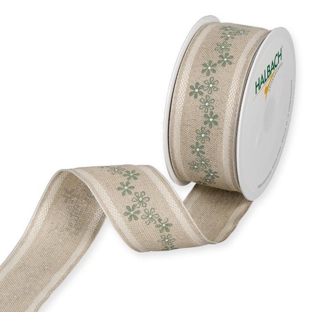 Leinen-Druckband Blümchen 40 mm 12 Meter jade/white 130