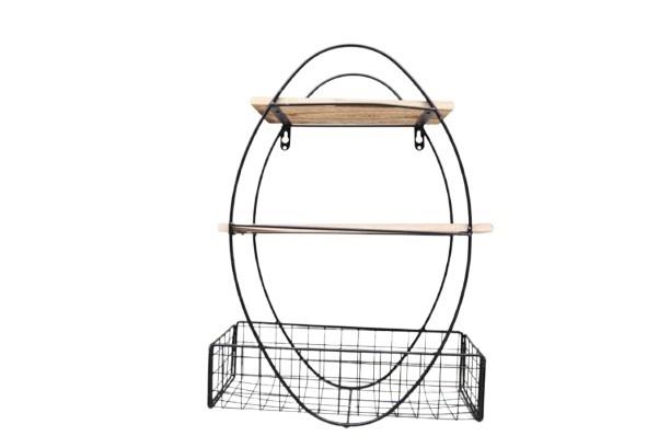 Wandregal oval m. Gitterkorb Metall schwarz/Holz H50cm