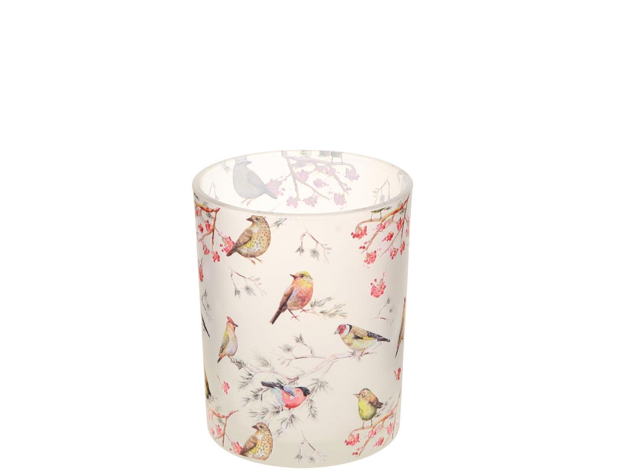 Windlicht mit Vogelmuster Glas weiß-grün-rosa D7,3cm