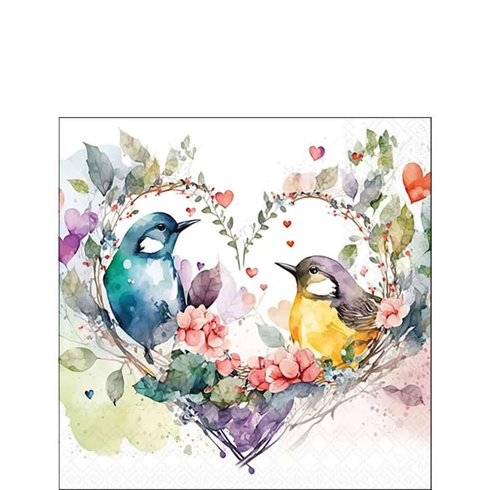 Serviette 25x25 cm Liebende Vögel in Herz