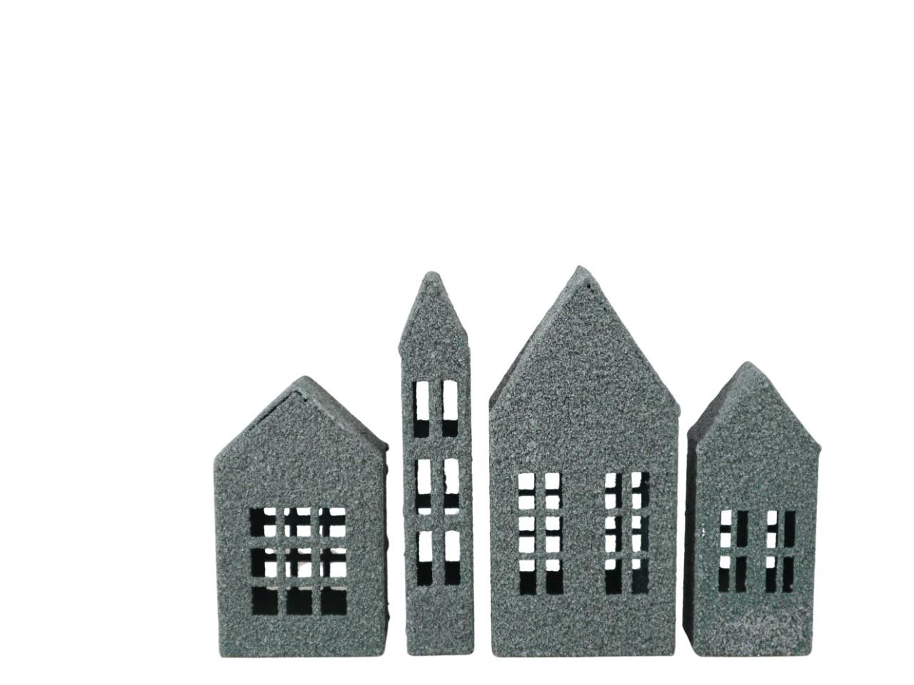 Häuserreihe einzeln Set/4 Metall grün-beflockt H10-14cm
