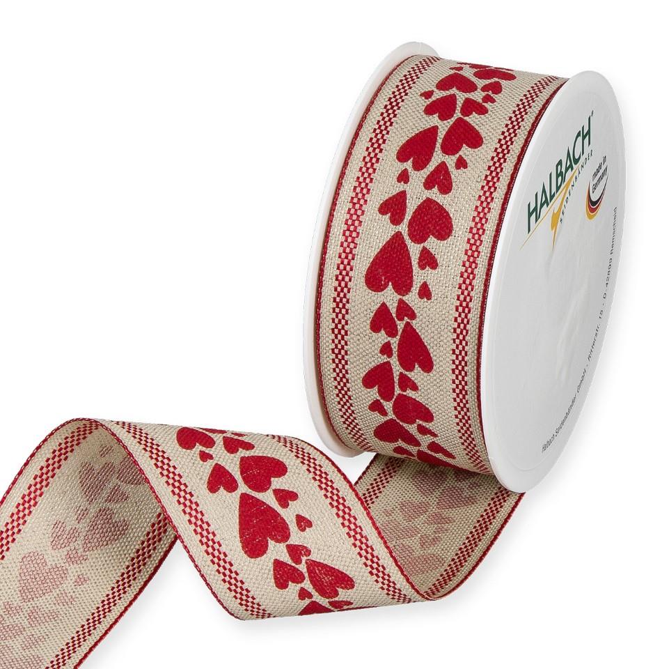 Leinen-Druckband Herzen 40 mm 12 Meter natural/red 65 Leinen-Druckband Herzen 40 mm 12 Meter natural/red 65