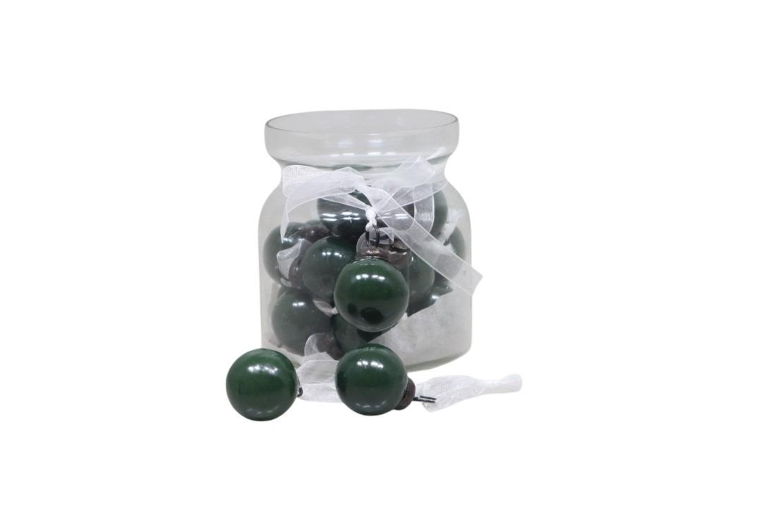 Kugel Glas hängend glänzend dunkelgrün D3,5cm im Glasgefäß Kugel Glas hängend glänzend dunkelgrün D3,5cm im Glasgefäß