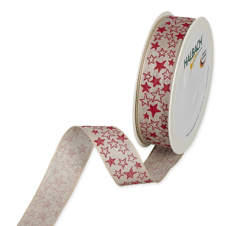 Leinen-Druckband Sterne 25 mm 15 Meter natural/red 65