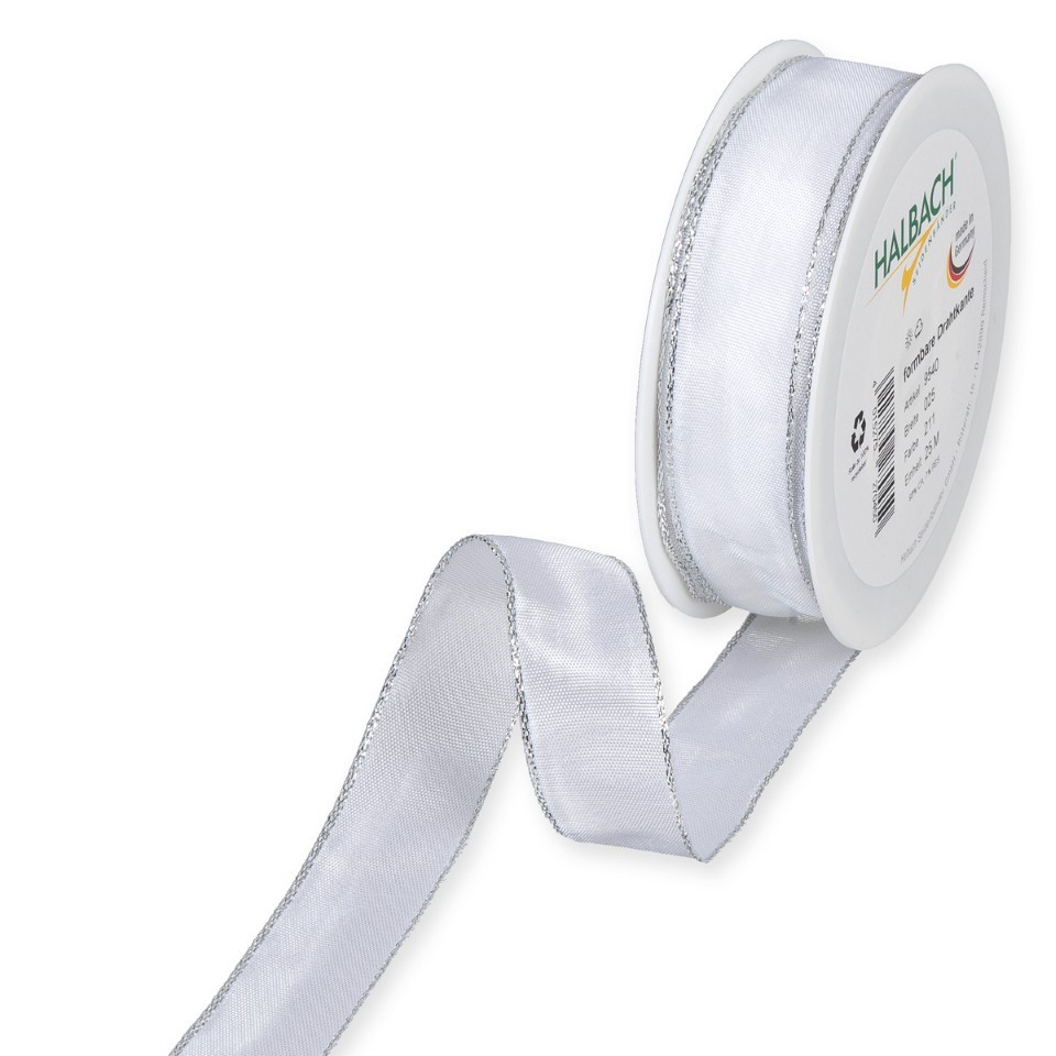 Band m. Silberkante/Draht 25mm 25 Meter 211 weiss/silber