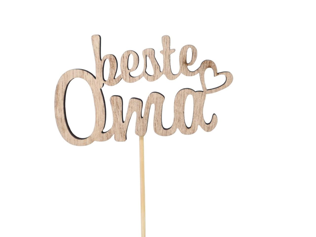 Stecker Schriftzug "beste Oma" Holz natur D9,5x5,5cm + Pin