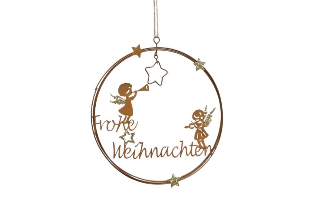 Hänger Ring Frohe Weihnachten m. Engeln Metall rost D18,5 cm Hänger Ring Frohe Weihnachten m. Engeln Metall rost D18,5 cm