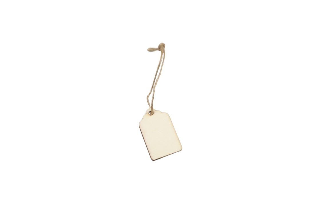 Etiketten am Jutestrick hängend Holz natur 4x2,5cm