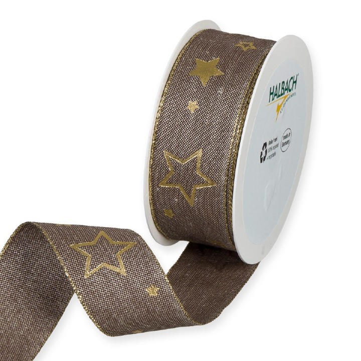 Leinen-Druckband Sterne 40 mm 15m braun/gold 96