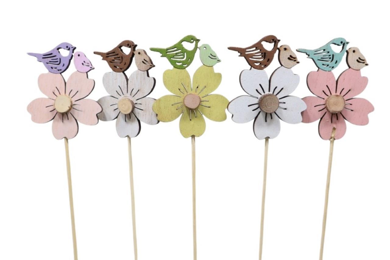 Stecker Blume mit Vogel Holz farbmix D8cm + Pin
