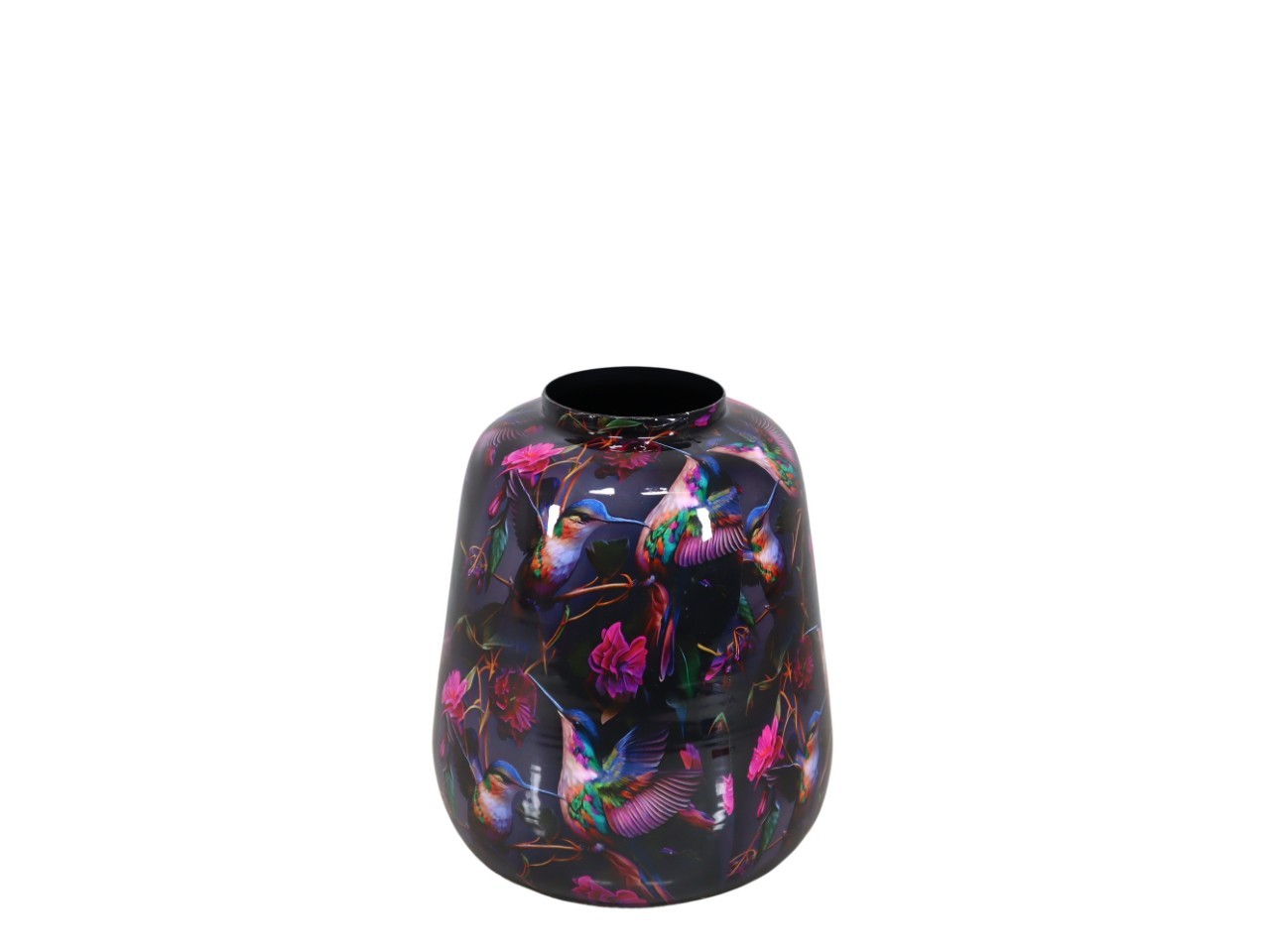 Vase Metall- Emaille Blumen-Vogelmotiv schwarz D22xH26cm