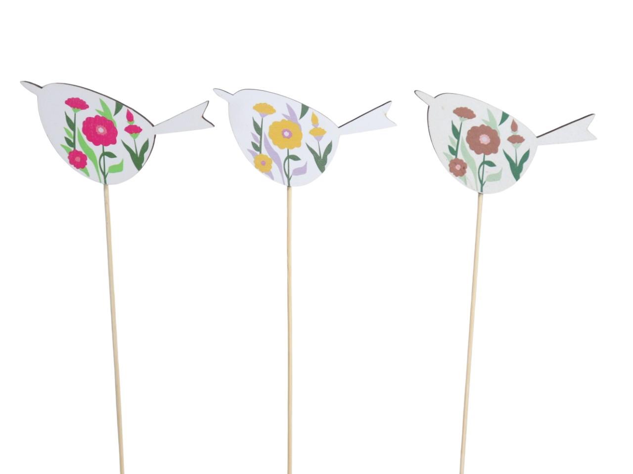 Stecker Vogel m. Blumenmotiv Holz farbmix L10cm + Pin