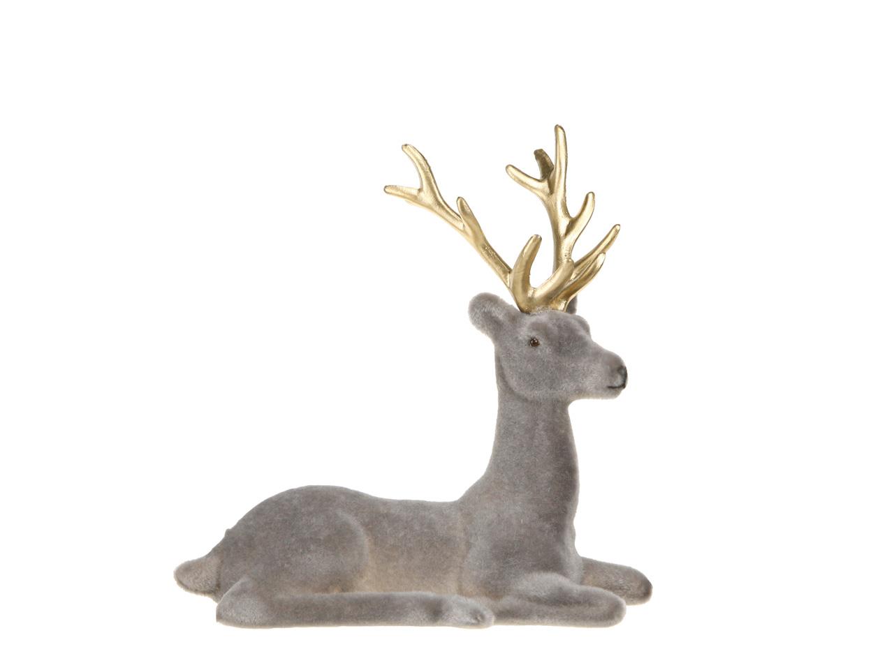 Hirsch sitzend beflockt Kunststoff grau&gold 15,3cm