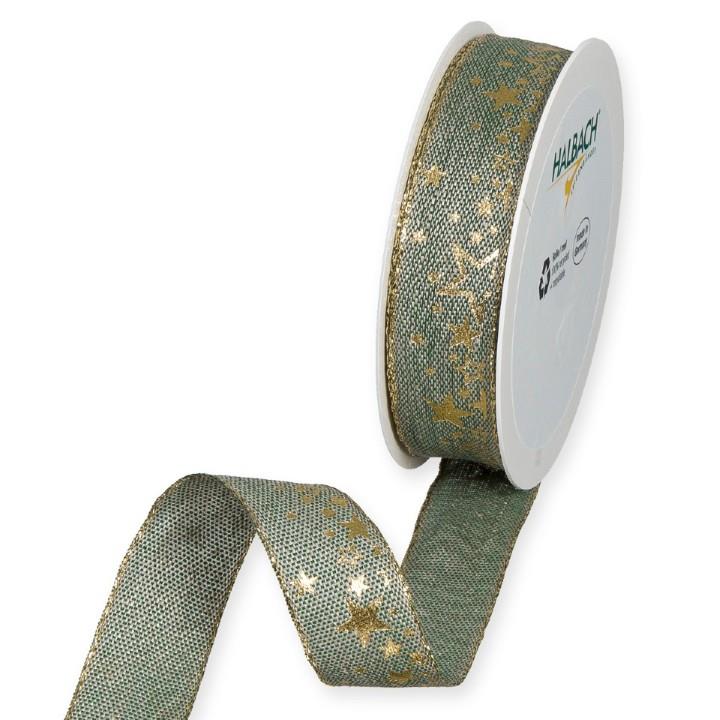 Leinen-Druckband Sterne 25 mm 15 Meter grün/gold 32