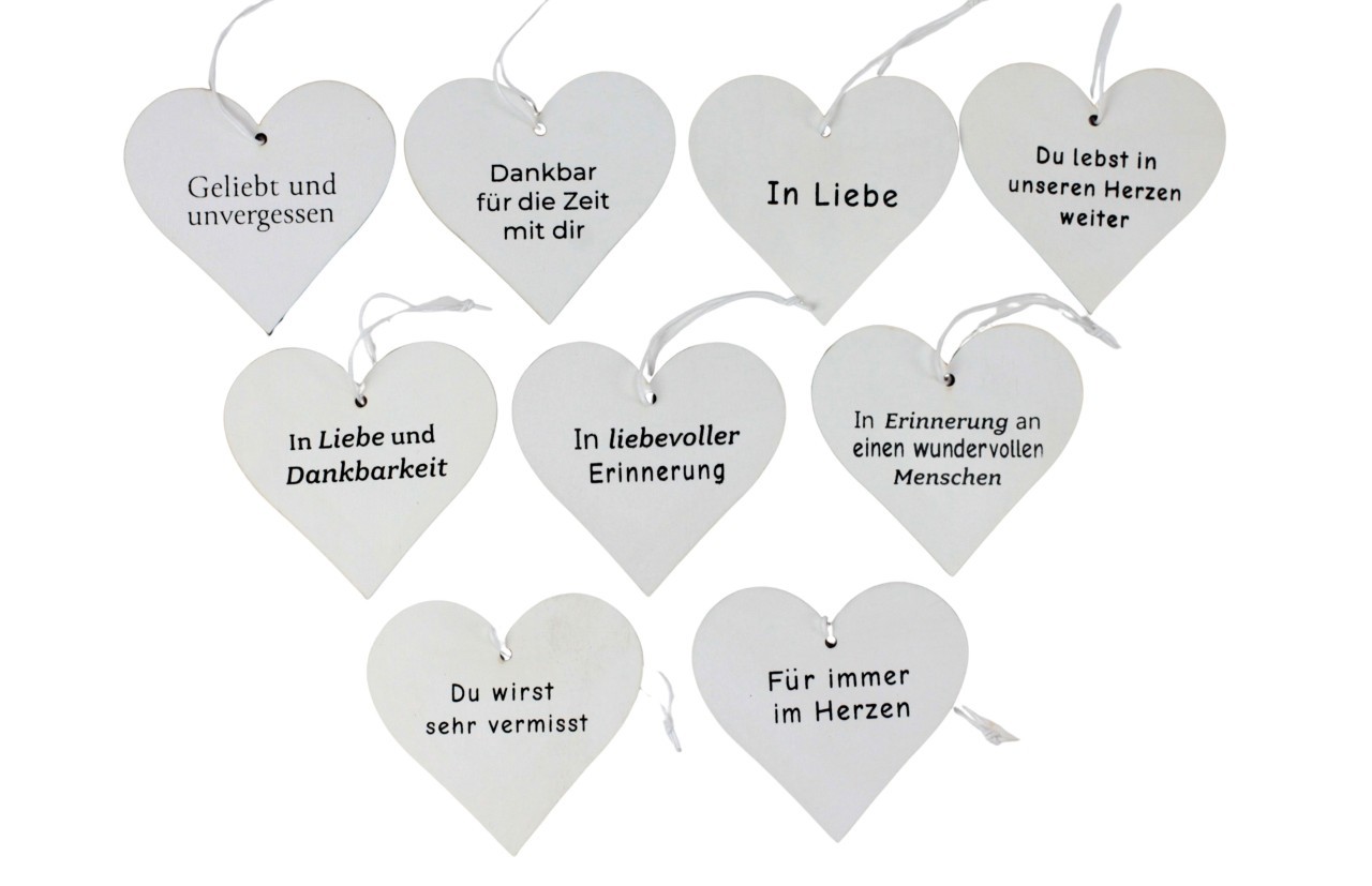 Trauerherzen Holz z. H. Memoriam 8x7,5 cm weiss
