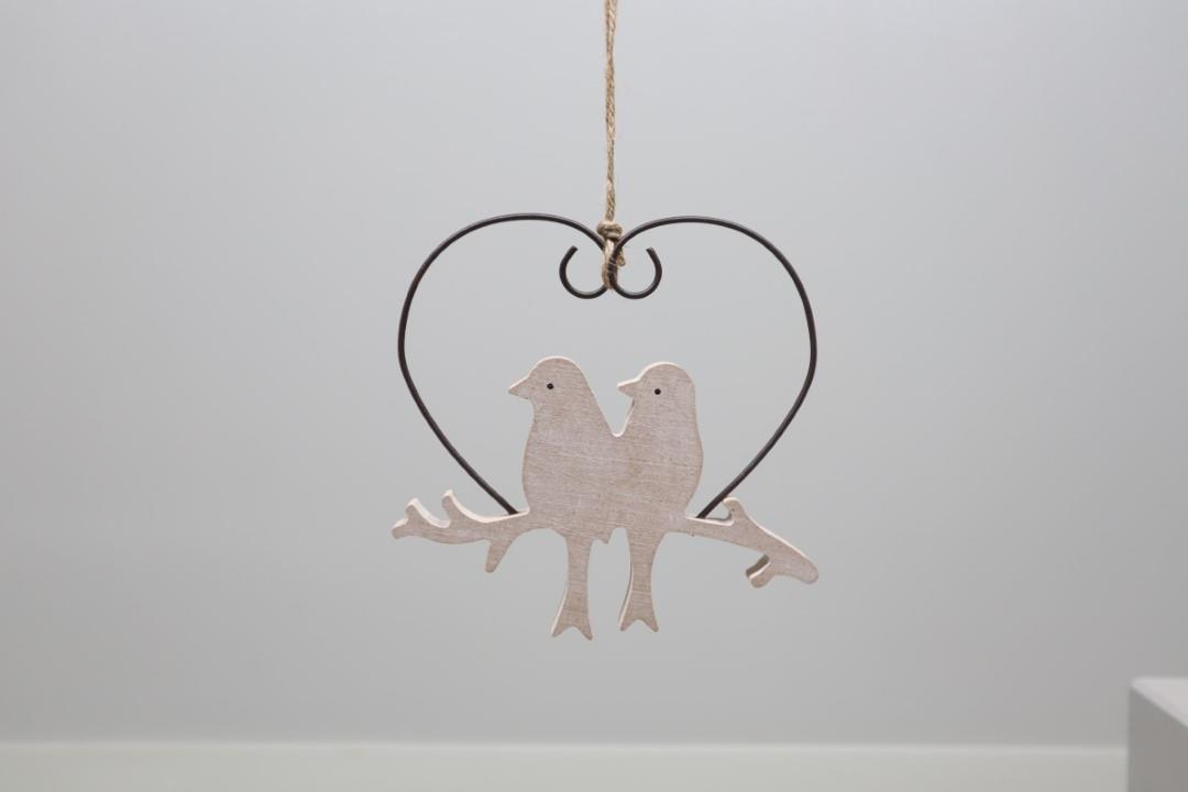Hänger Vogelpaar Holz/Metall natur/schwarz 15cm