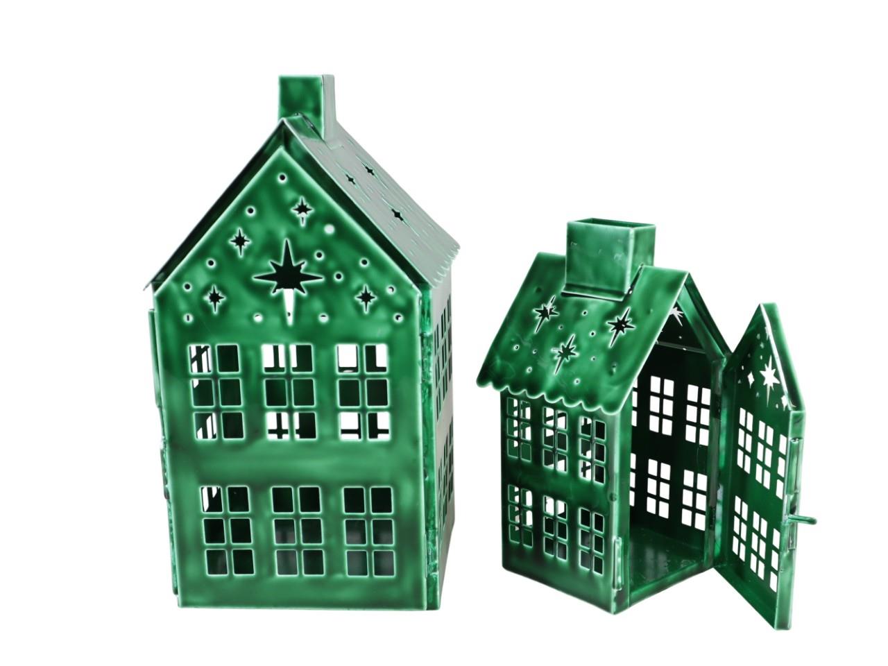 Windlicht Haus Set/2 Metall grün-emailfarbe H29cm