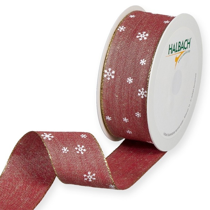 Leinen-Band Schneesterchen 40 mm 15 Meter rot/weiss/gold 65