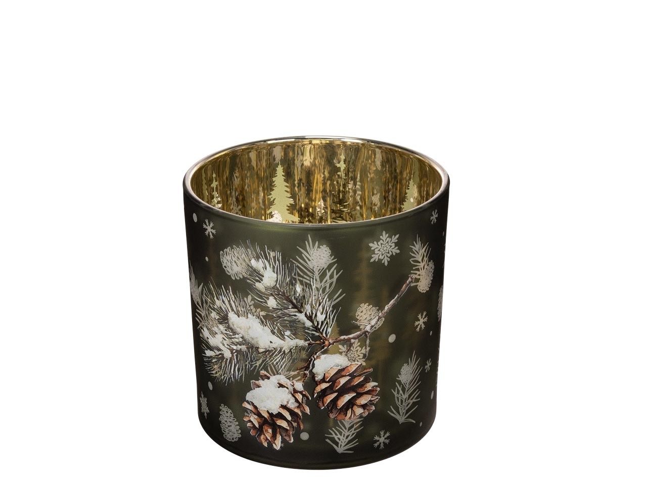 Windlicht "Zapfenzweig beschneit" Glas moosgrün/gold D15cm