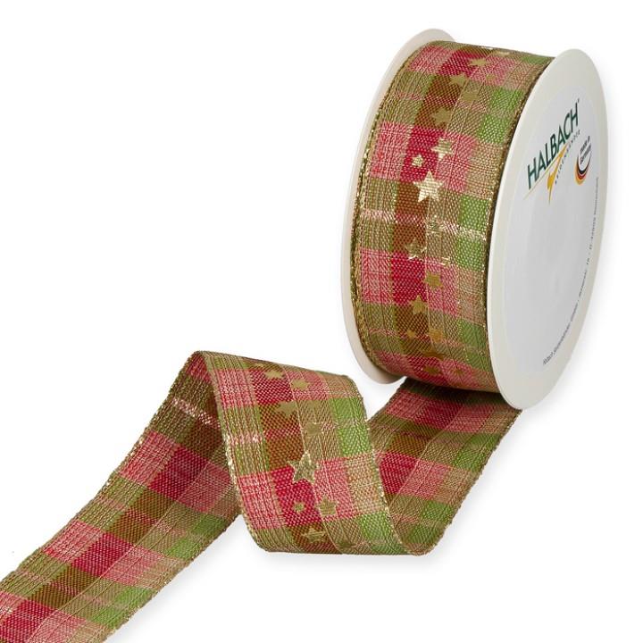 Karo-Druckband Sterne 40 mm 15 Meter rot/grün/gold 730