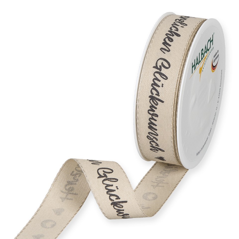 Druckband Herzlichen Glückwunsch linen/black 25 mm 18 Meter