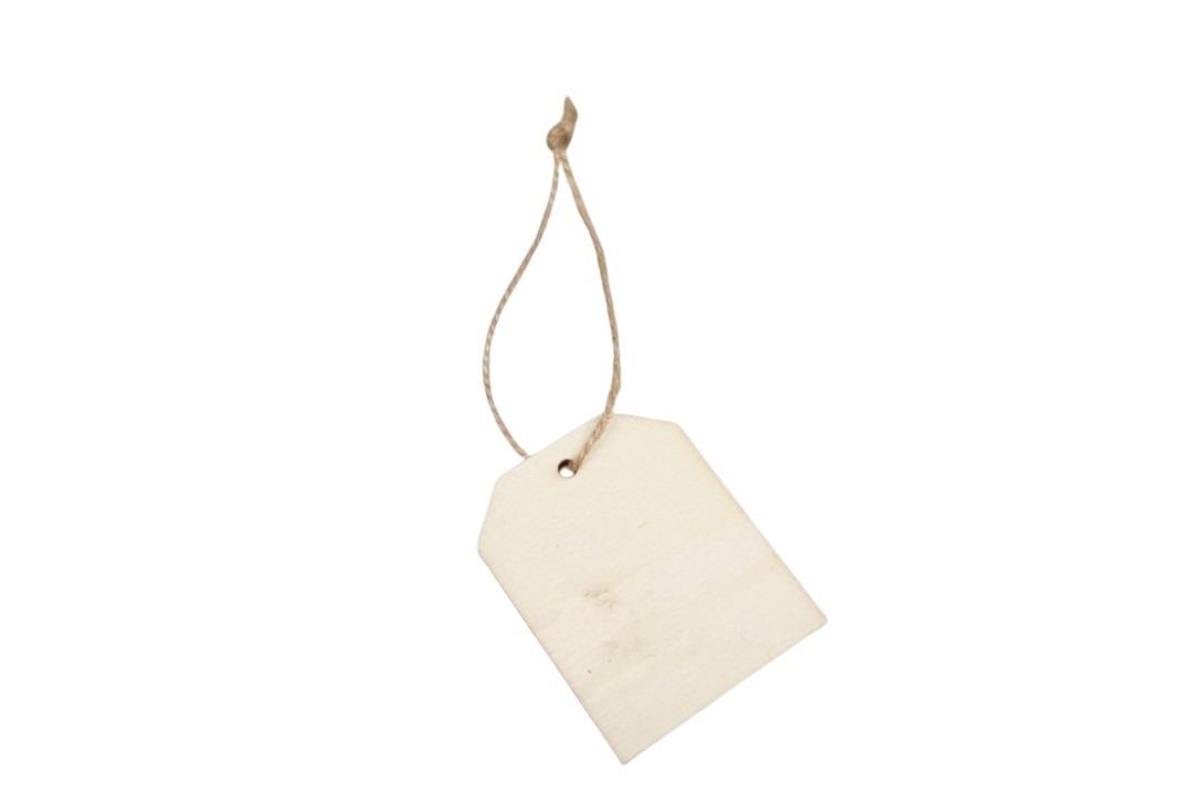 Etiketten am Jutestrick hängend Holz natur 6x4,8cm Etiketten am Jutestrick hängend Holz natur 6x4,8cm