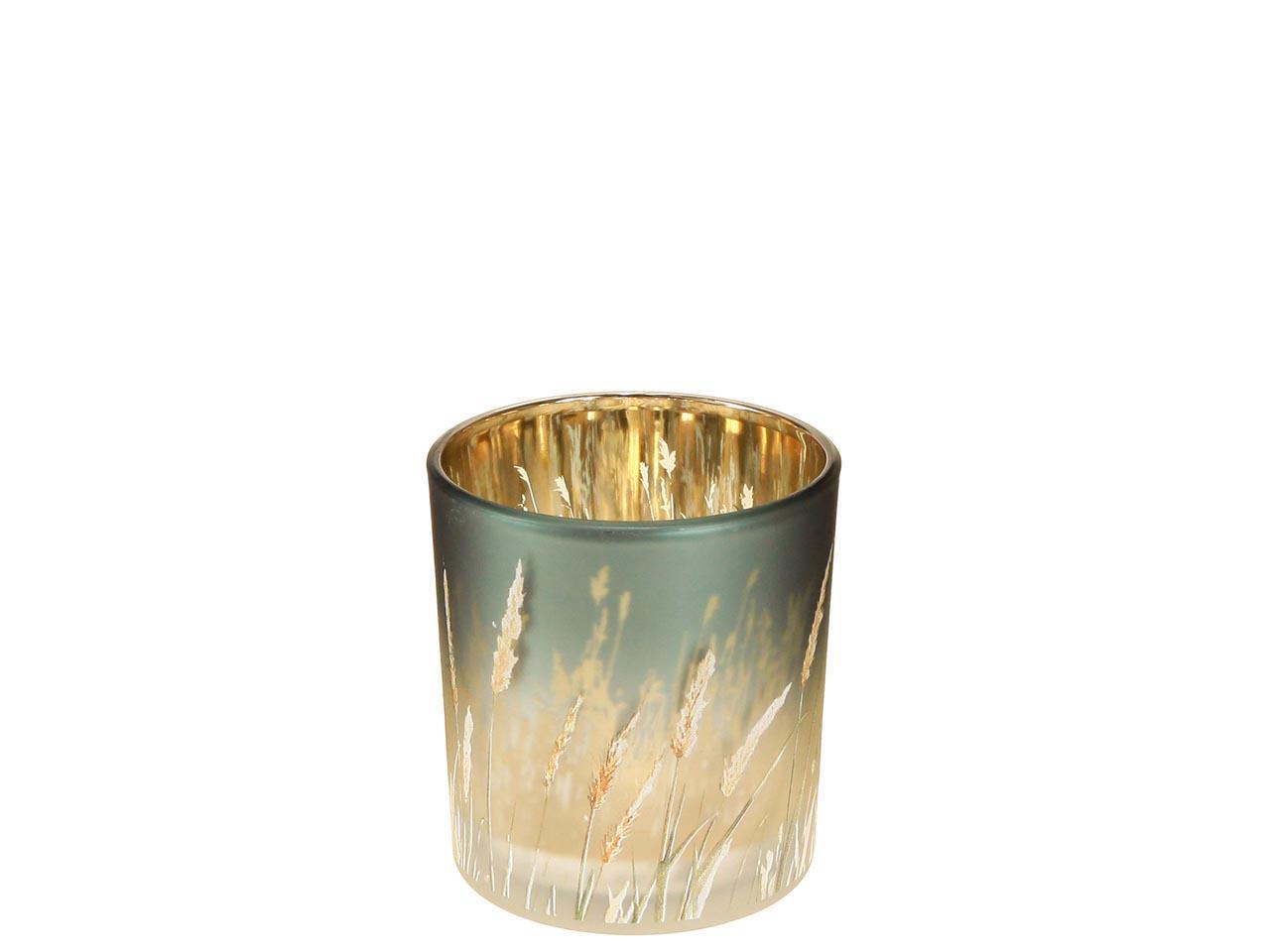 Windlicht m. Motiv Gräser Glas grau-petrol D7,3cm H8cm