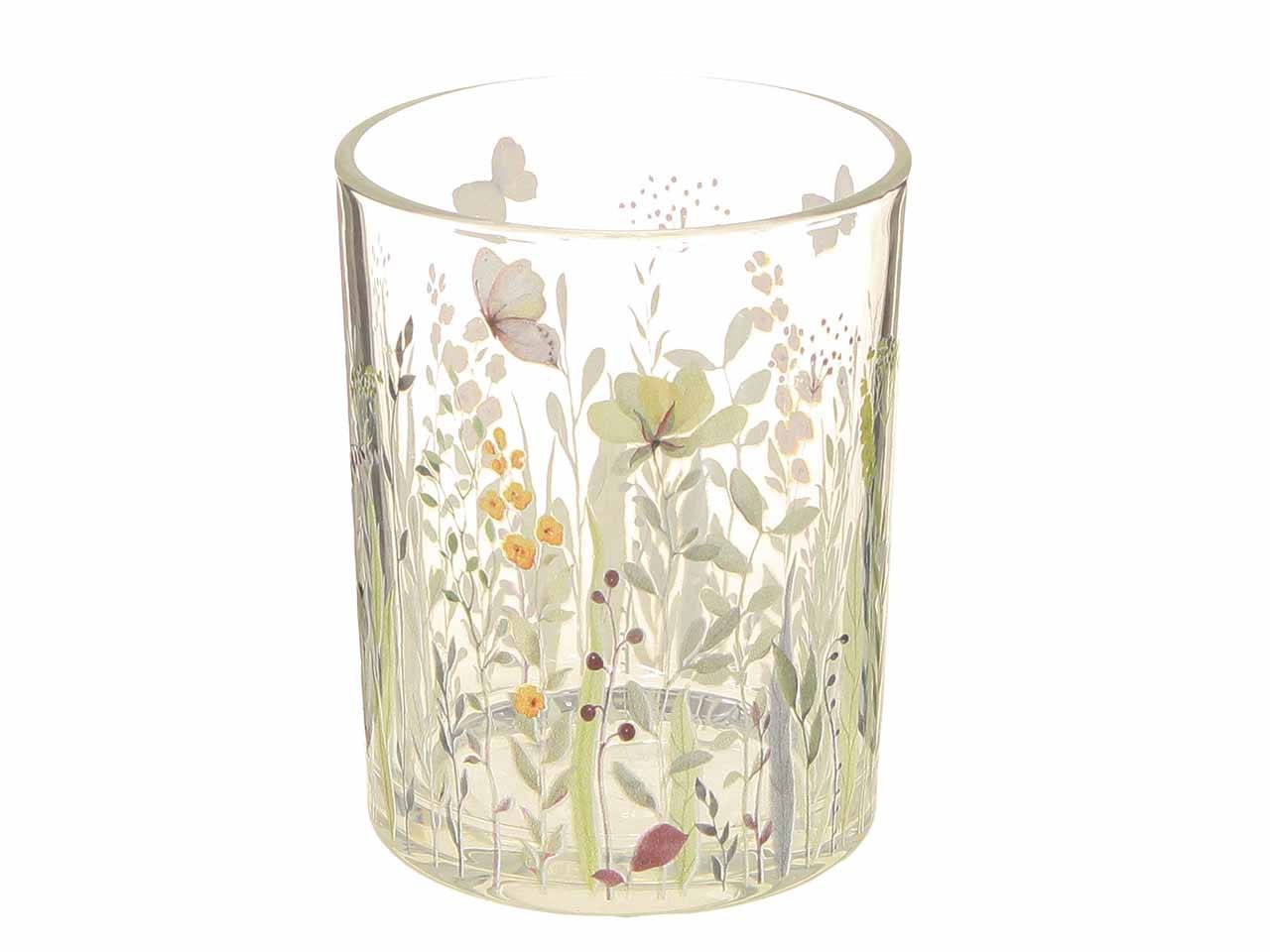 Windlicht m. Blumenwiese Glas klar D12cm H18cm