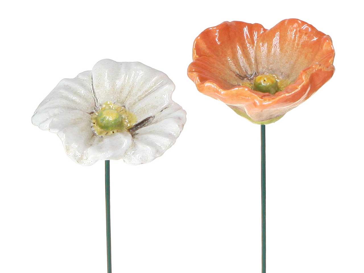 Stecker Mohnblume Keramik weiß-orange sort. D10cm + Pin