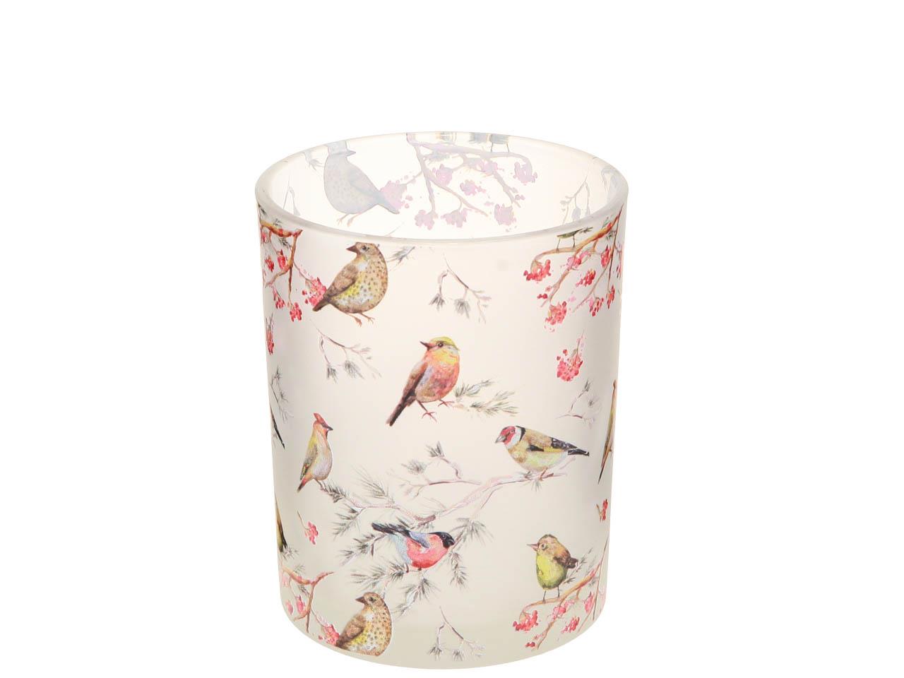 Windlicht mit Vogelmuster Glas weiß-grün-rosa D10cm