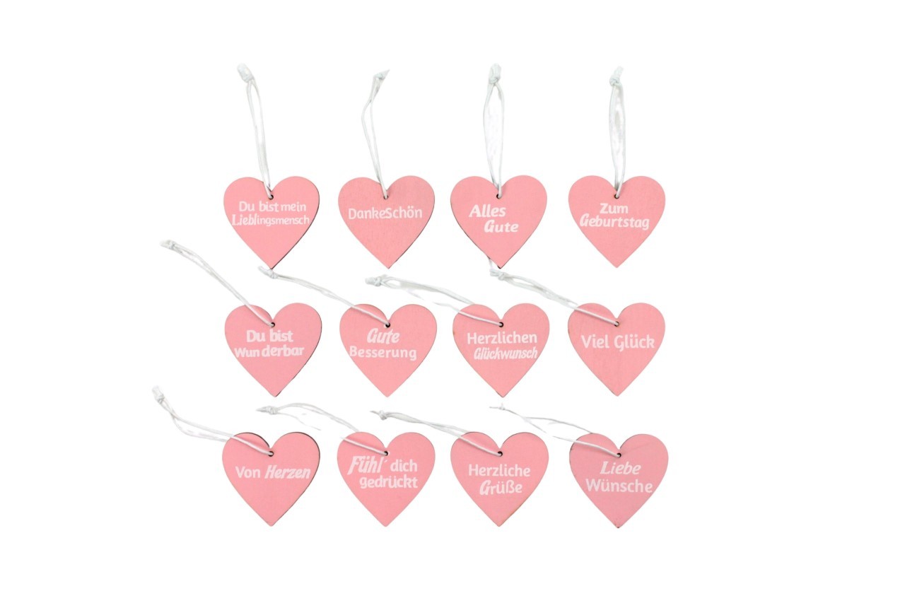 Hänger Set/12 Herz Wünsche Holz rosa 5cm