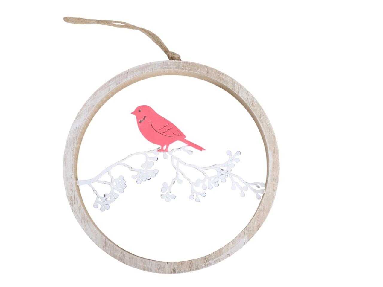 Hänger Holzring m. Vogel Metall auf Ast rosa/weiß D20,5cm