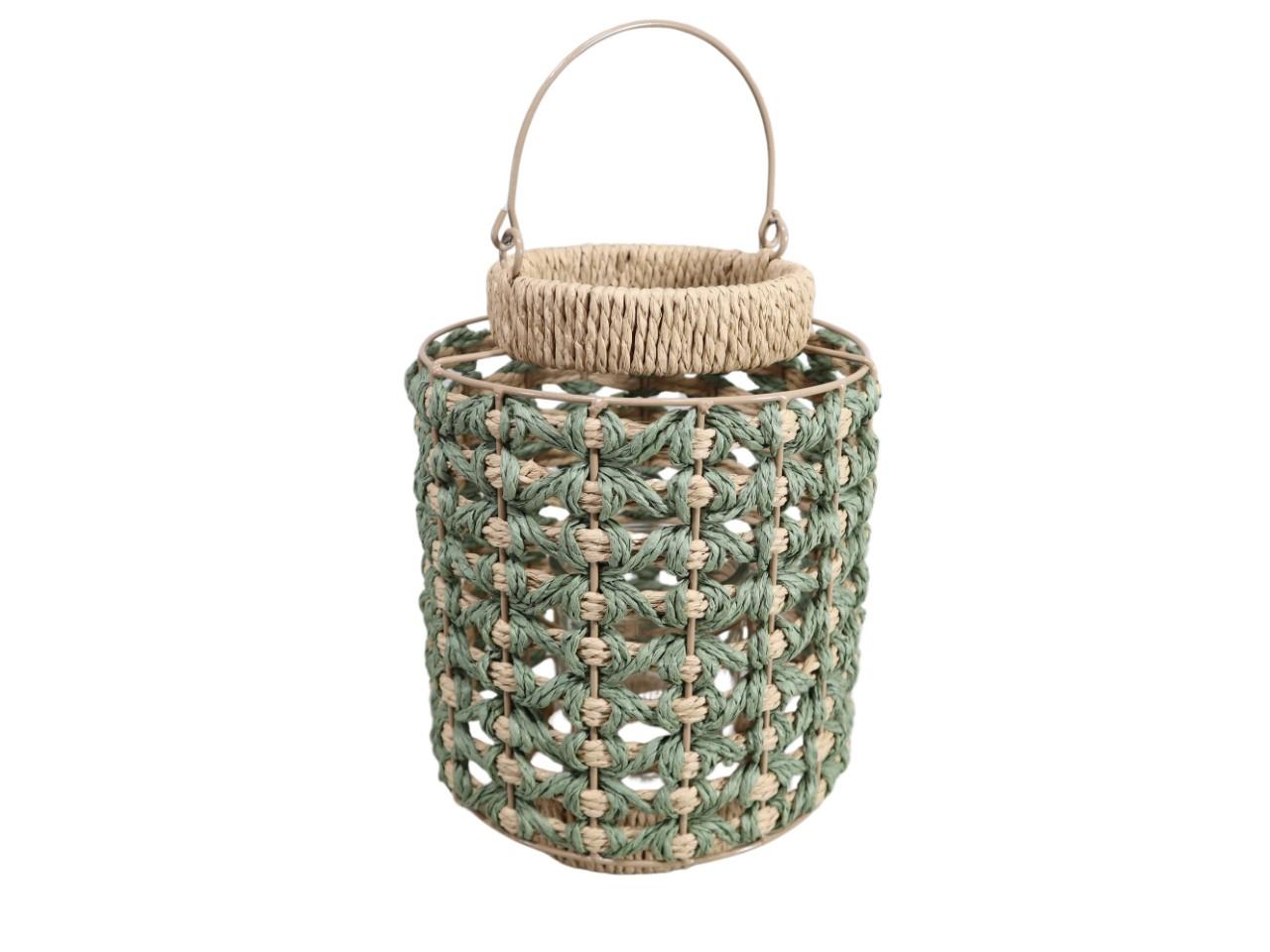 Windlicht m. Henkel Seegras inkl. Glas grün-natur H28cm