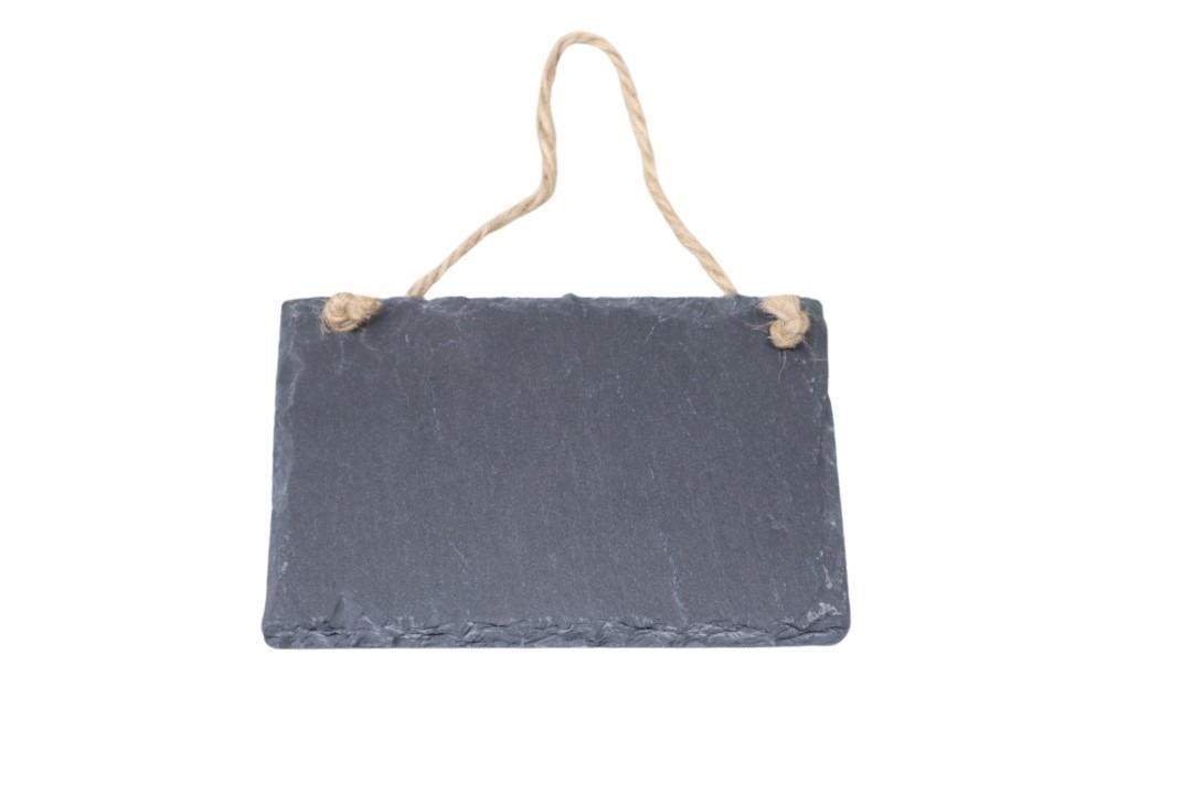 Schiefertafel z. H. rechteckig mit Juteband 12x8 cm