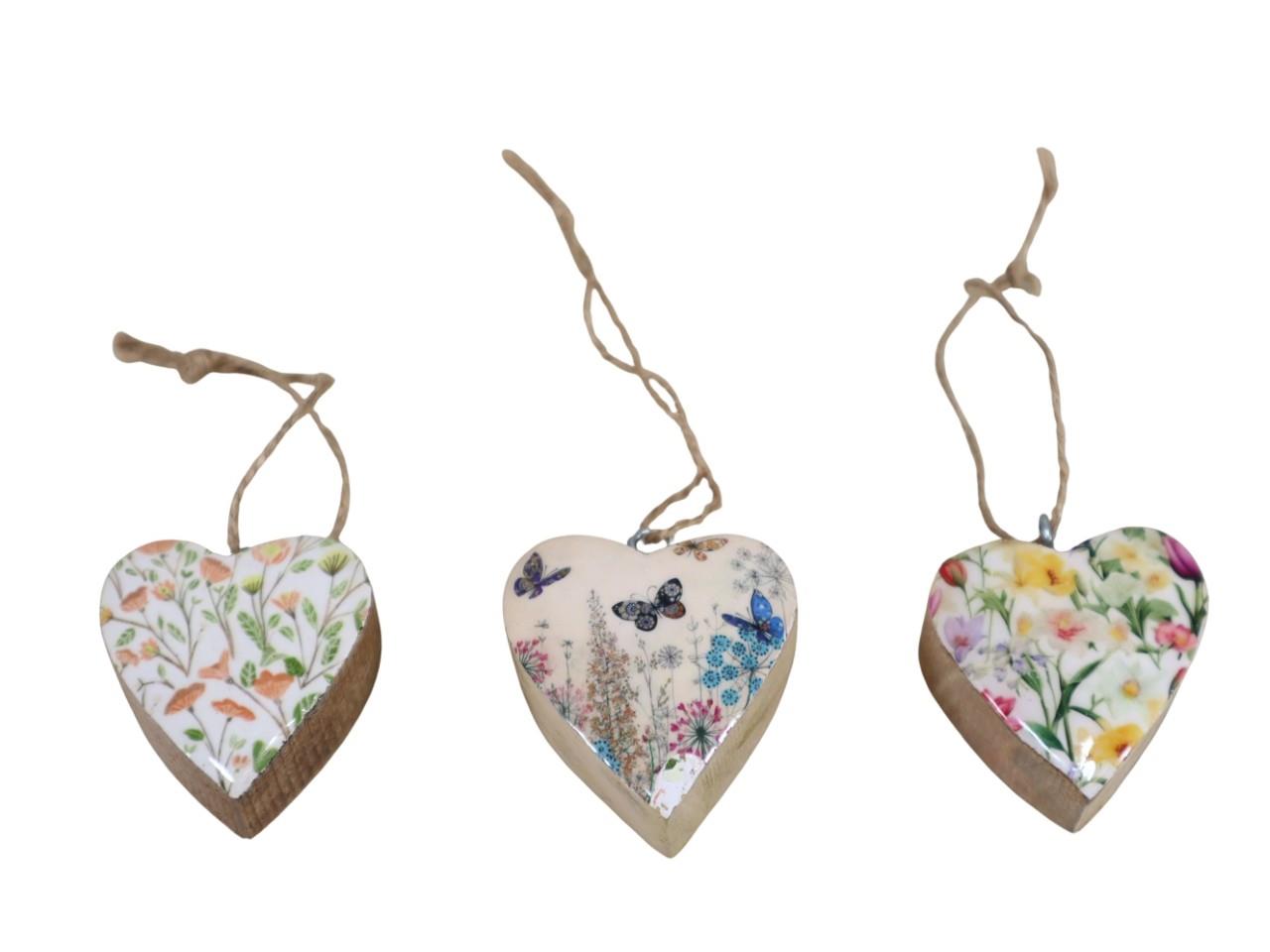 Herz hängend an Juteschnur Holz Blumenmotive 5cm