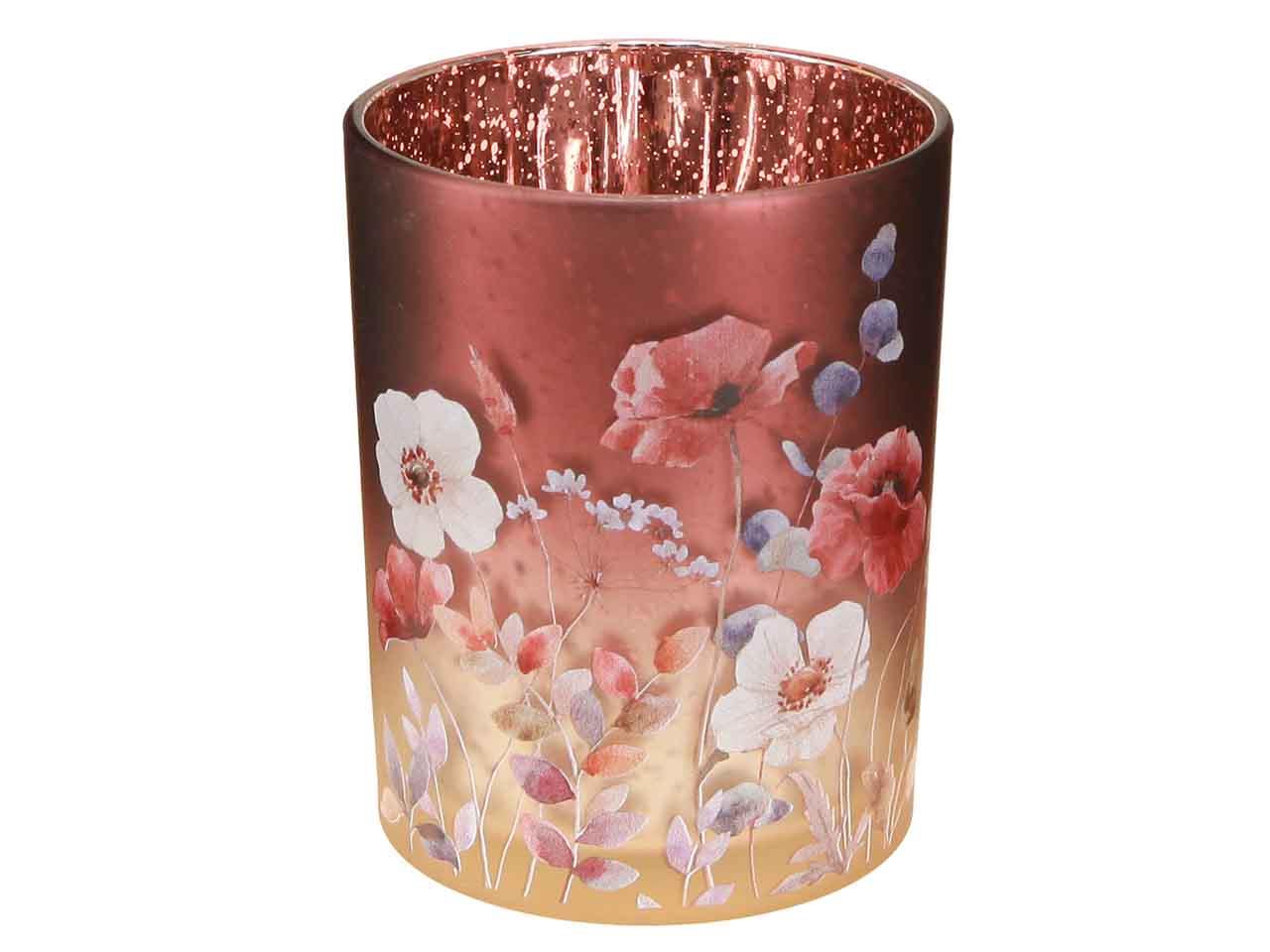 Windlicht m. Blumen Glas D12cm H18cm rot