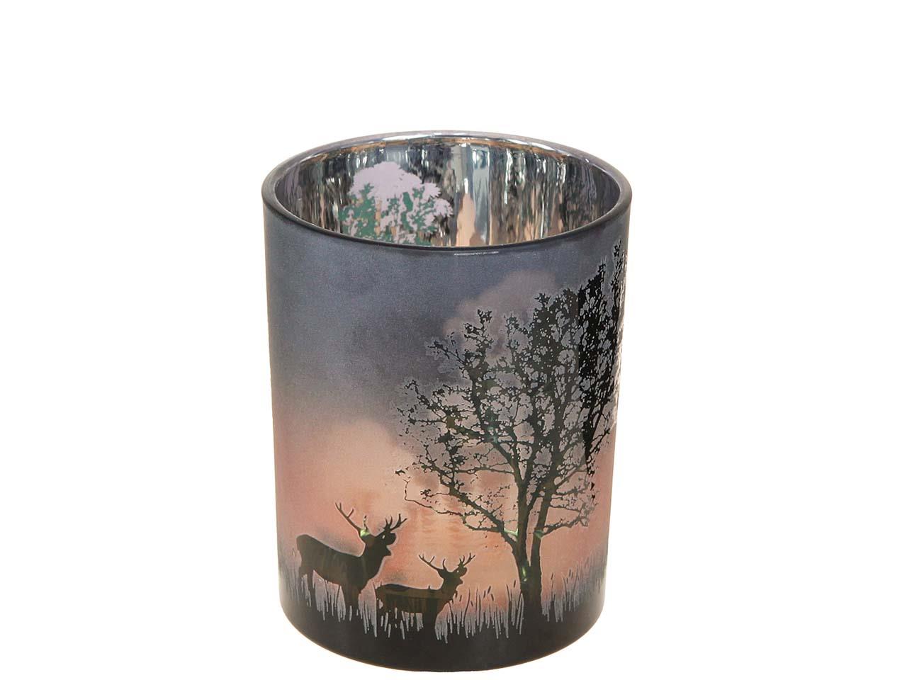 Windlicht Hirsche und Baumdekor Glas schwarz-orange D10cm