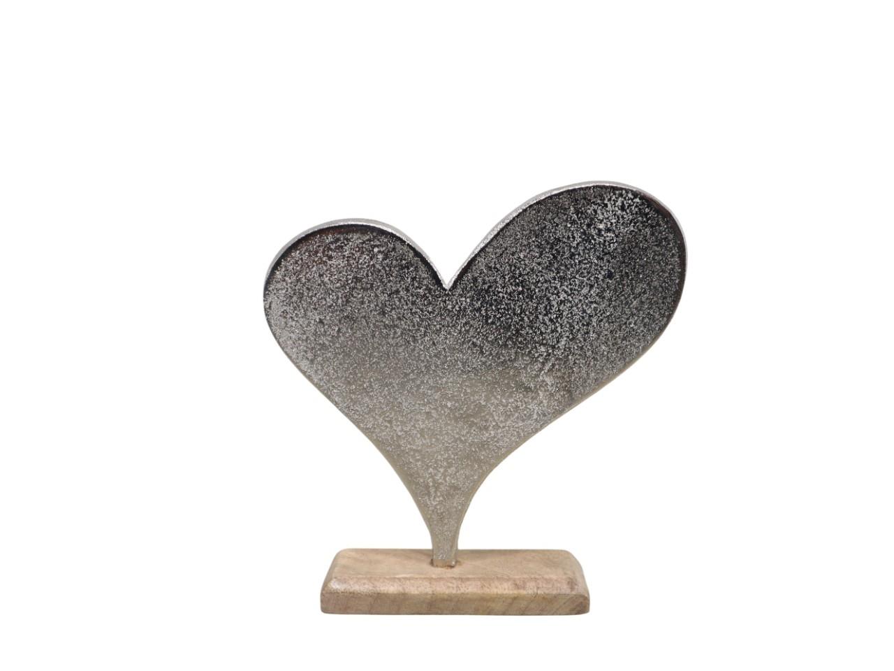 Herz Aluminium stehend silber auf Holzplatte D20cm