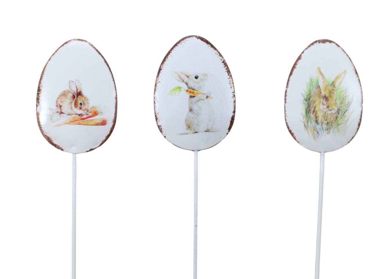 Stecker Ei Hasenmotive Metall weiß D5x30cm