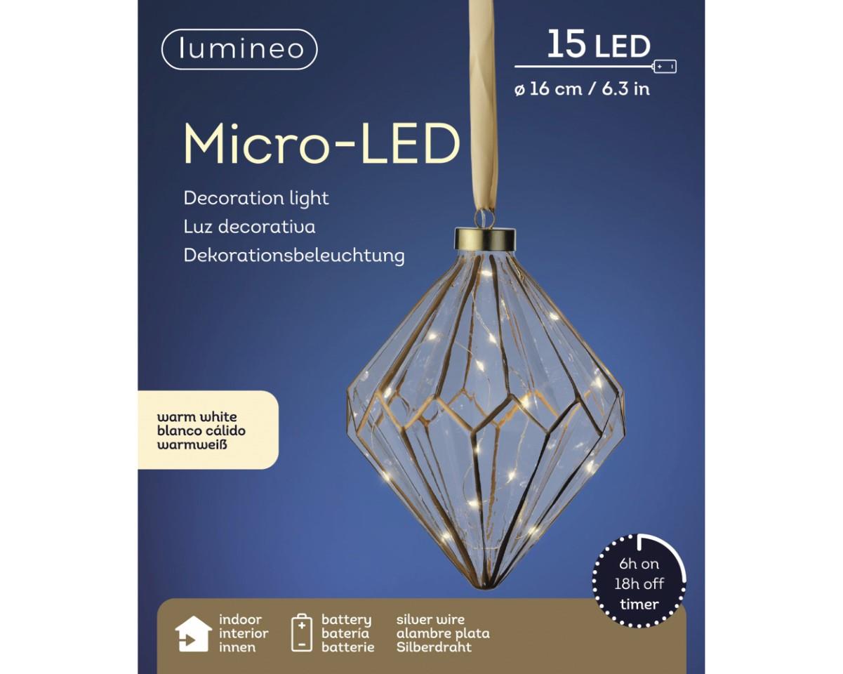 Diamant hängend inkl. 15 Micro LED klar/gold D16xH20cm
